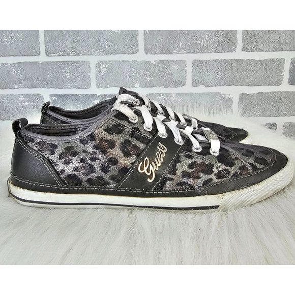 Guess Leopard Print Silver Pewter Metallic Logo Womens Size 8.5 Sneakers‎ - Picture 3 of 10